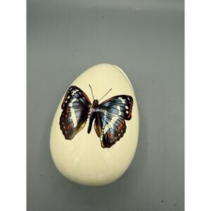 Vintage Porcelain Egg Trinket Box Butterfly Lid Ivory Oval Jewelry Box